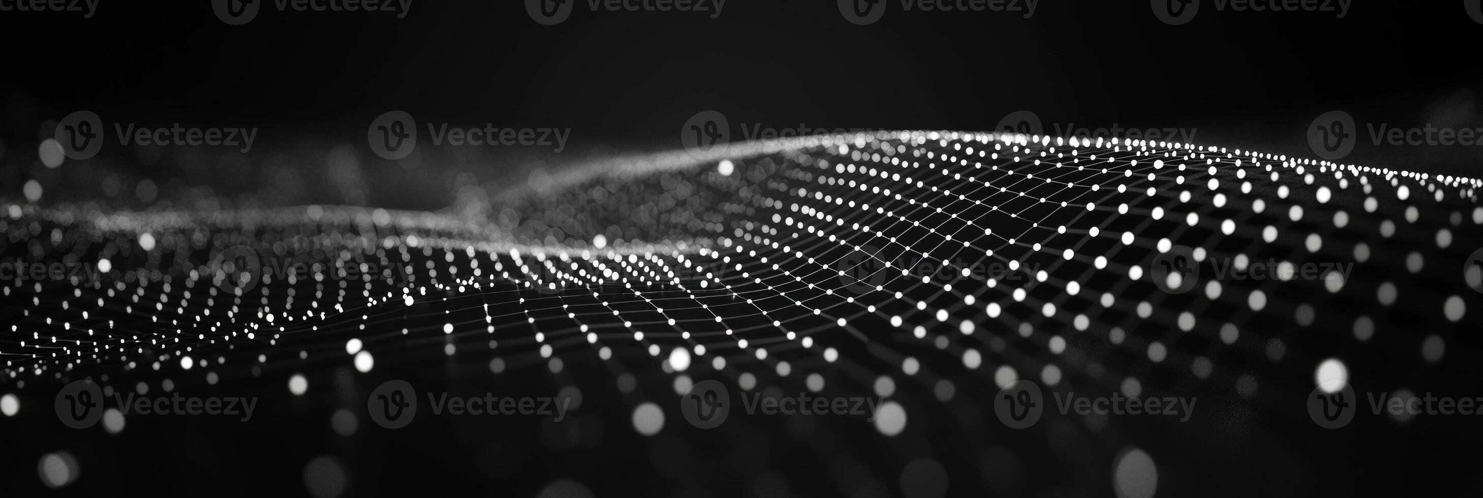 Silver particles elegantly intertwine to form a complex geometric pattern, reminiscent of a digital web, set against a deep black backdrop that enhances its futuristic appeal. photo