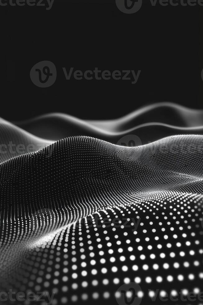 Silver particles form a captivating wave pattern across a dark backdrop, where some dots appear blurred, enhancing the dynamic feel of movement and fluidity throughout the composition. photo