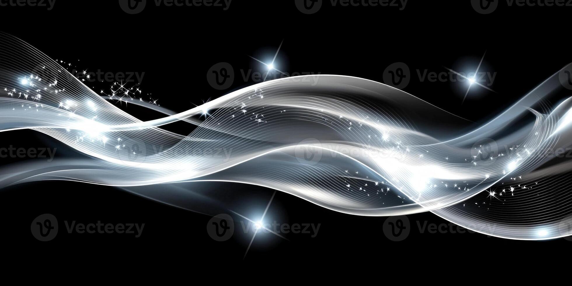 A mesmerizing arrangement of silver particles clusters into flowing waves, shimmering gracefully against a dark backdrop. Each particle glows softly, enhancing its ethereal quality. photo