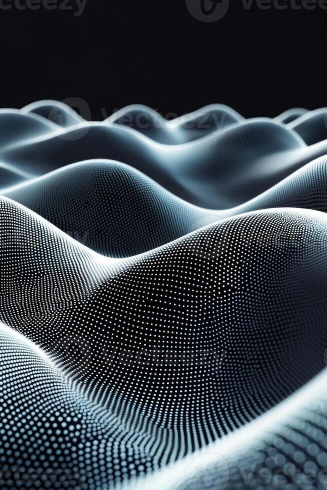Silvery dots create a dynamic wave pattern across a black canvas, with some particles appearing blurred to enhance the sense of fluid motion and depth in this abstract design. photo