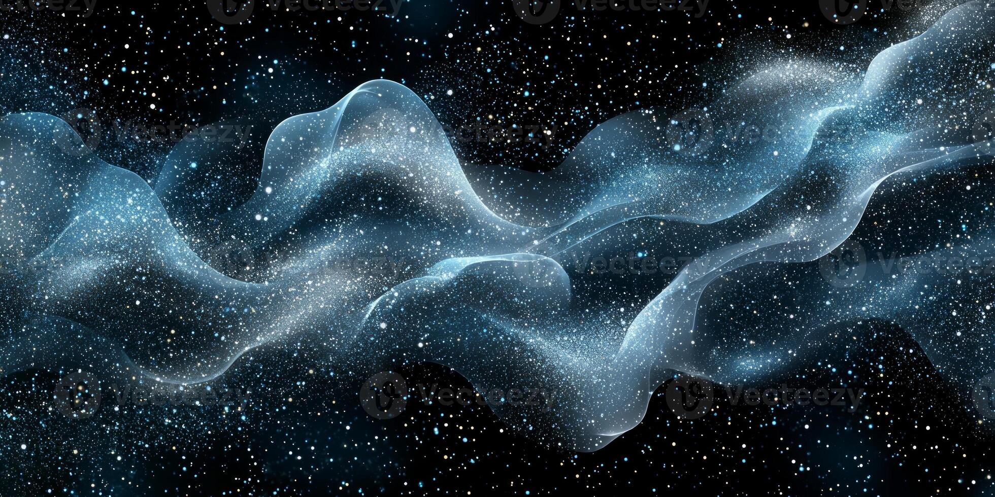 A captivating arrangement of silver particles clusters together, creating a fluid wave-like structure that shimmers softly in the darkness, exuding an otherworldly quality. photo