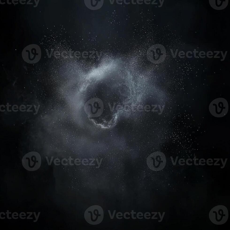 A mesmerizing array of silver particles dance and swirl, creating a nebula-inspired composition that glows softly at the edges, evoking a sense of cosmic wonder. photo