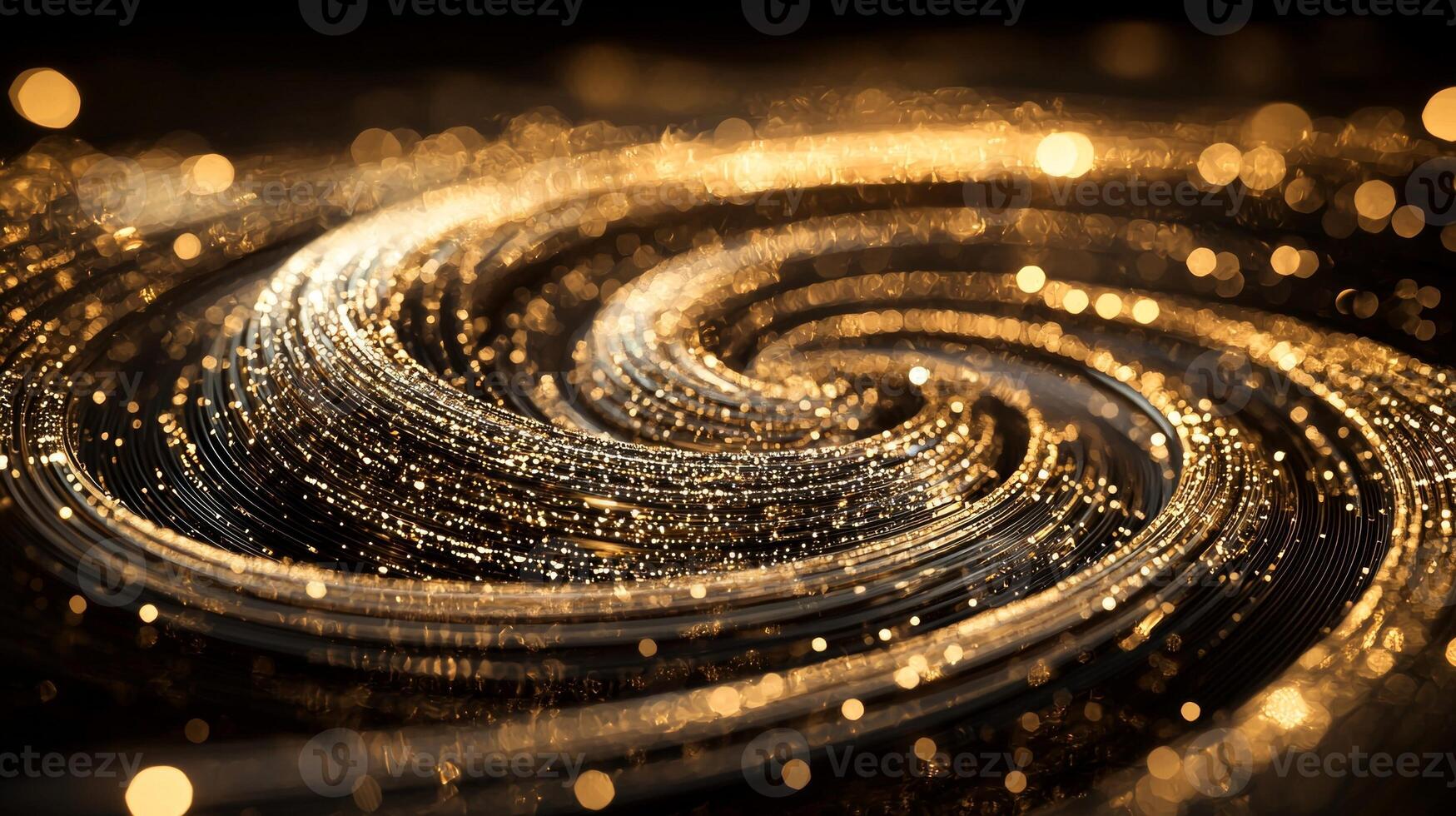 Scattered silver particles form a captivating swirling spiral against a black canvas, varying in size and glowing softly, evoking a cosmic, minimalistic aesthetic. photo