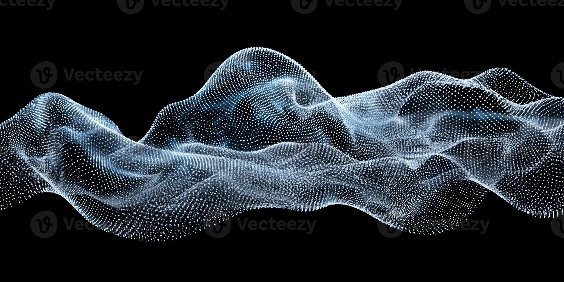 Silver particles cluster together, creating a flowing wave that shimmers delicately against a stark black background, radiating an enchanting softness and dynamic motion. photo