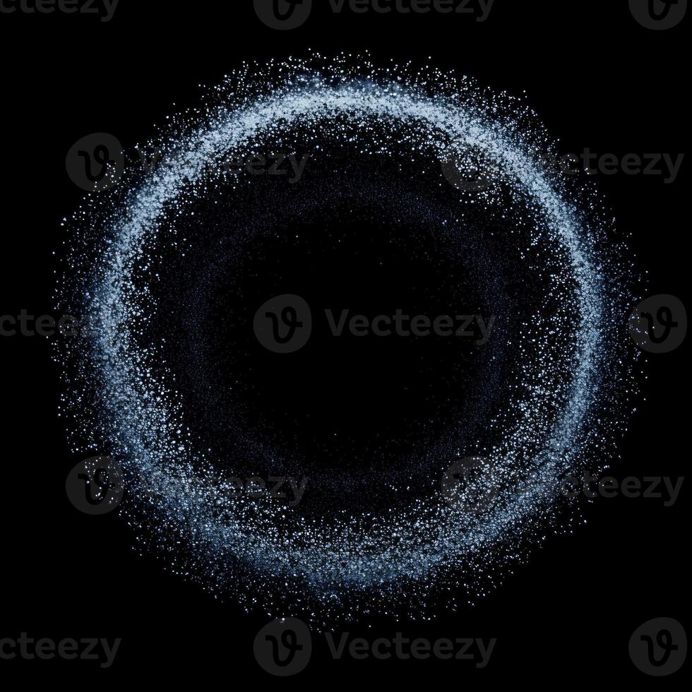 A mesmerizing arrangement of glowing silver particles forms a dreamlike nebula against the darkness, radiating an ethereal beauty and cosmic wonder in the void. photo