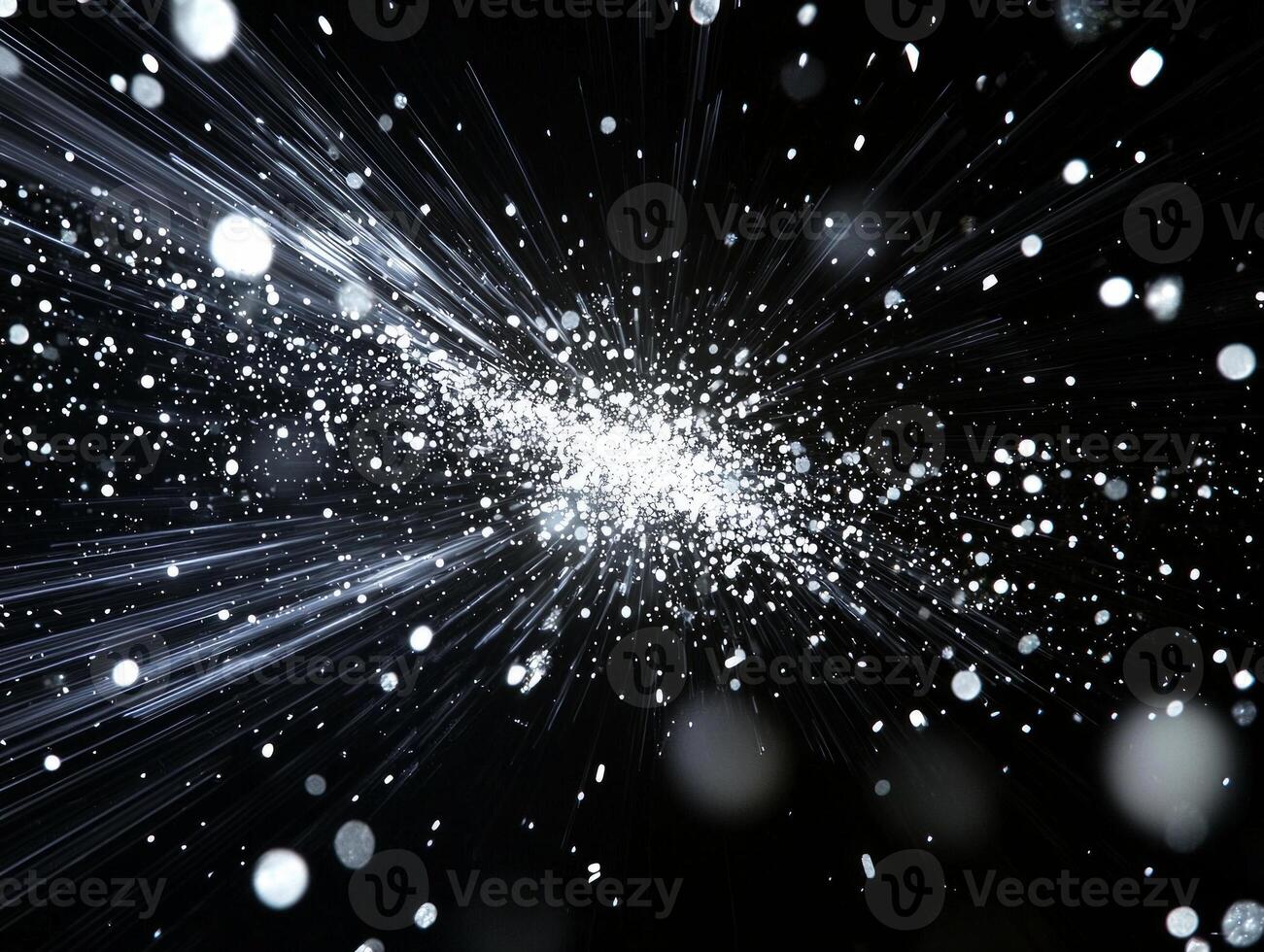 Sparkling silver dots and luminous particles surge outward from the center, creating a captivating explosion of energy in a dark setting, evoking movement and vibrancy. photo