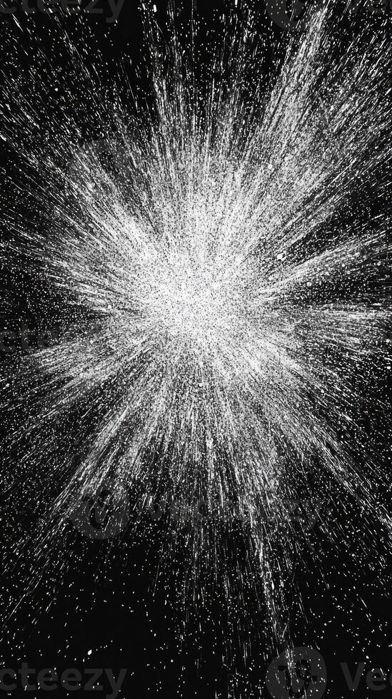 A mesmerizing arrangement of silver particles spirals outward in a vortex, radiating a metallic shimmer against a dark background, evoking a stunning cosmic energy burst. photo