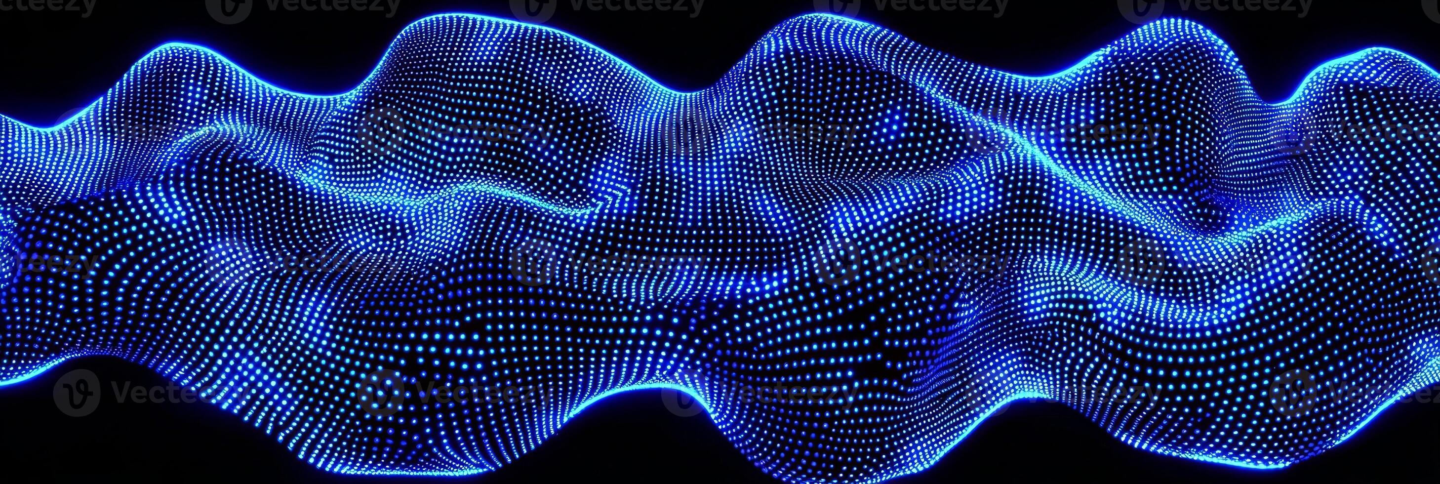 Blue particles intertwine to create stunning geometric patterns, seamlessly connected by glowing lines against a deep black backdrop, offering a glimpse into a futuristic cosmic universe. photo
