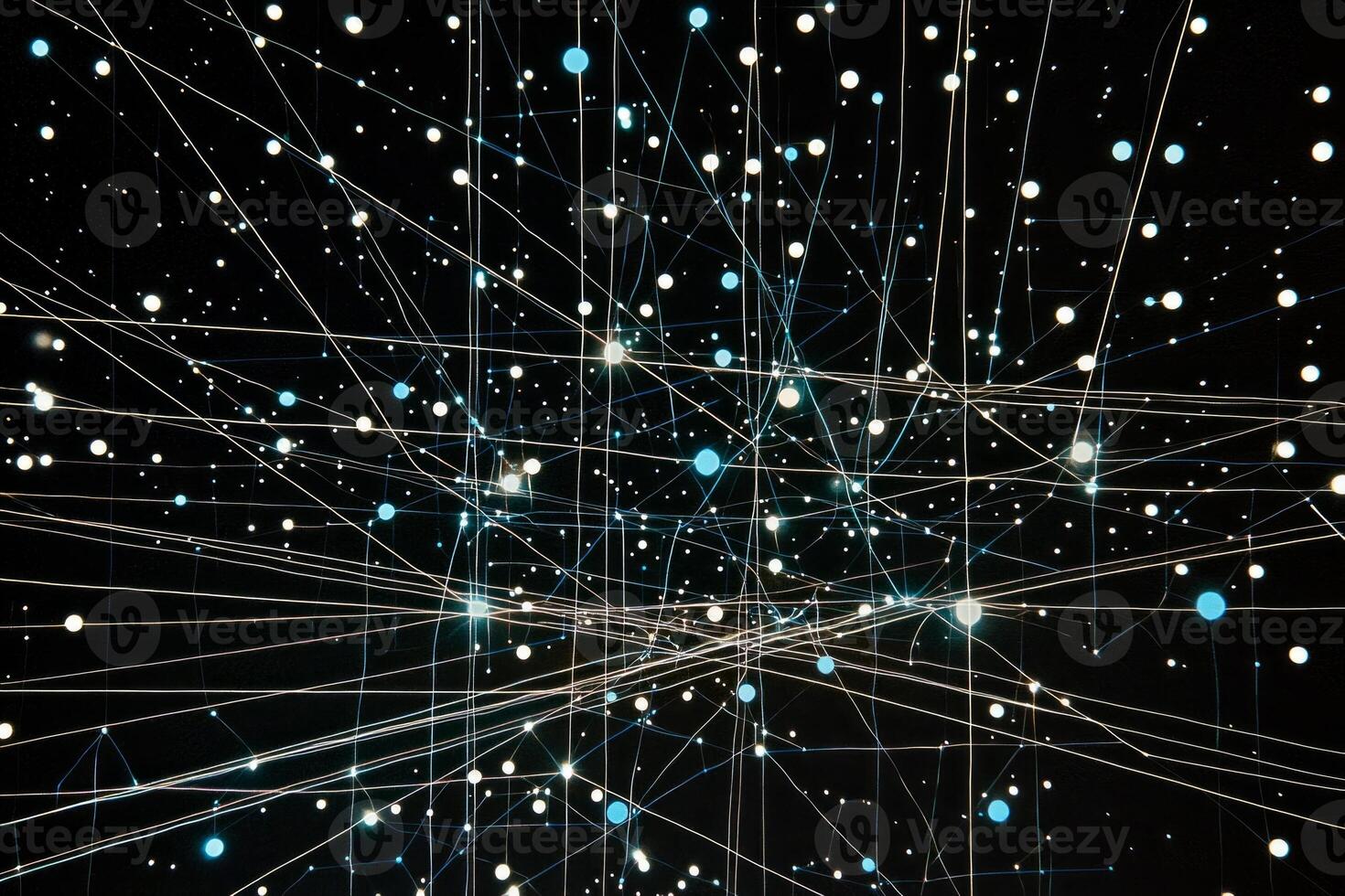 A mesmerizing arrangement of tiny blue dots dances across a black canvas, interconnected by thin glowing lines that create a captivating starry effect, embodying minimalist art with a cosmic theme. photo