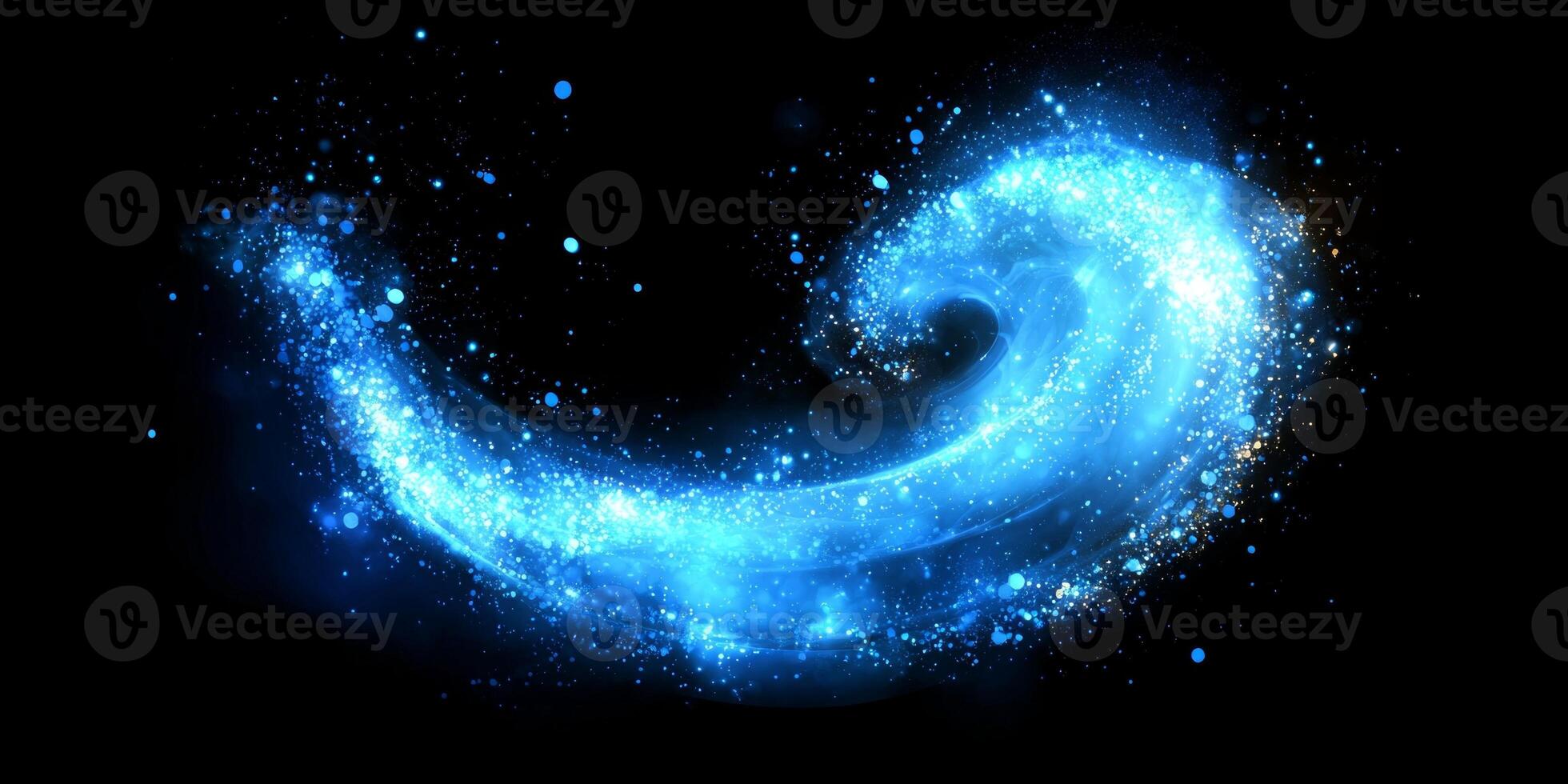 Blue particles accumulate and swirl into a fluid wave shape, glowing softly in the darkness, creating a mesmerizing and ethereal visual experience that enchants the senses. photo