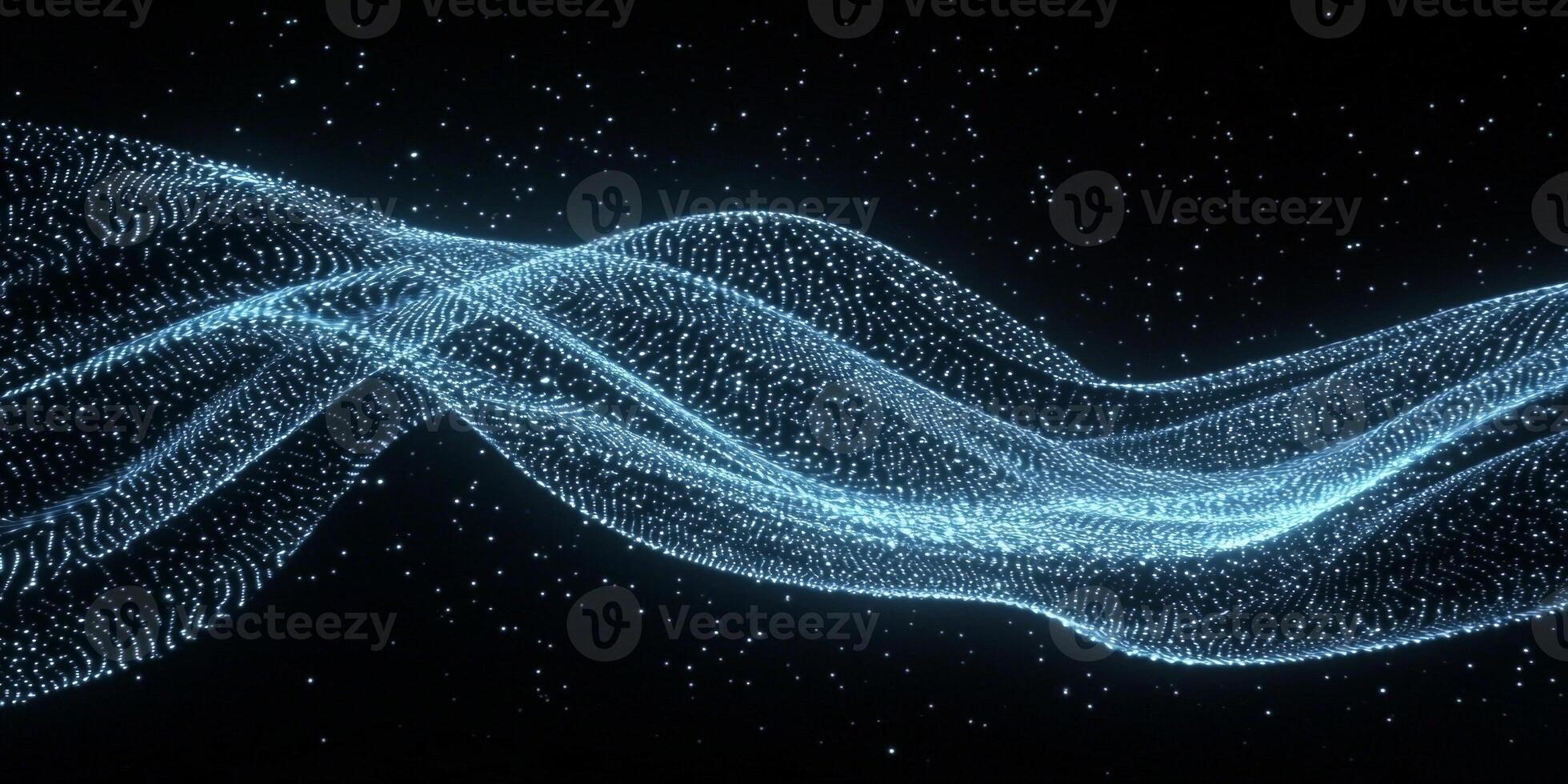 Flowing waves of blue particles cluster and dance, creating an ethereal effect against a deep black background, illuminated by a gentle glow that enhances their dynamic movement. photo