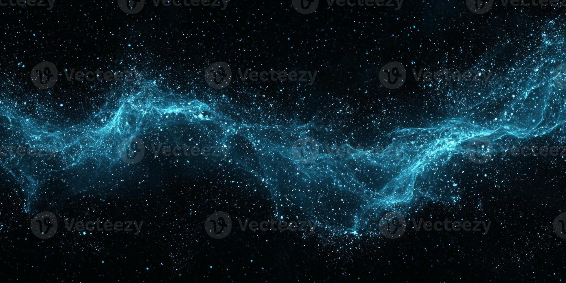 A mesmerizing display of blue particles gracefully coalesce to form a flowing wave amidst a dark backdrop, radiating soft light and delivering an otherworldly ambiance. photo