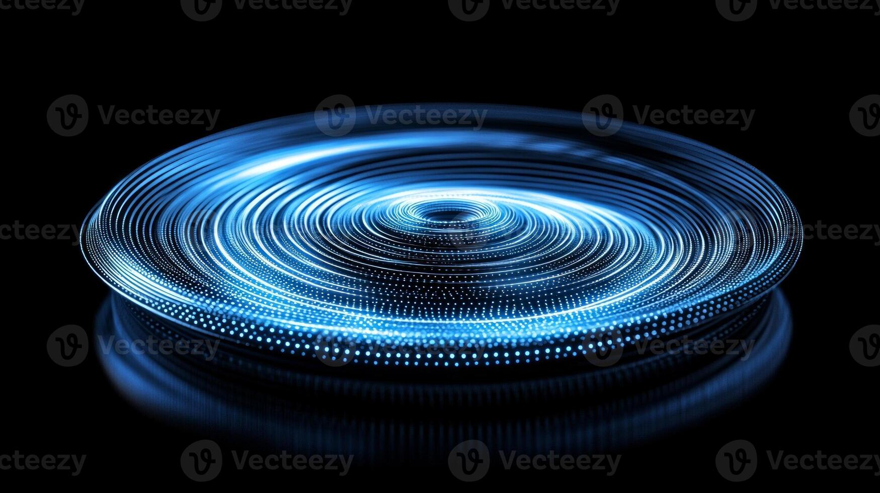 Scattered blue dots create a luminous spiral against a dark canvas, showcasing varying sizes and brightness, embodying a cosmic and abstract aesthetic with soft glows. photo