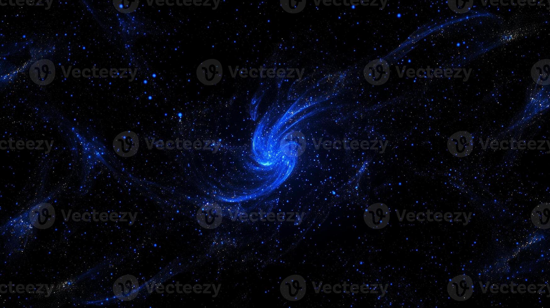 Particles of varying sizes and brightness create a captivating spiral pattern, glowing softly in blue hues against a deep black background, evoking a cosmic wonder. photo