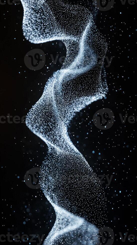 Blue particles swirl gracefully in a vortex-like formation, creating a captivating dance of light and energy on a deep black canvas, embodying cosmic wonder. photo