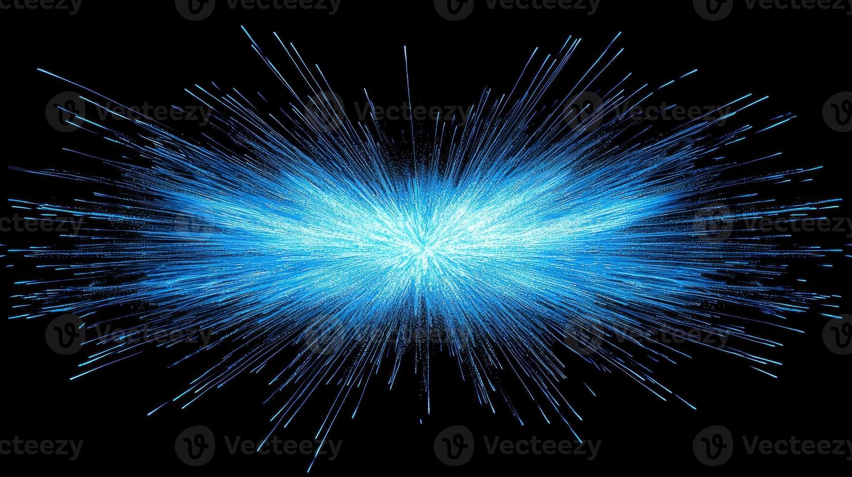 An enchanting display unfolds as vibrant blue particles explode outward, creating a mesmerizing cosmic effect against a stark black background photo