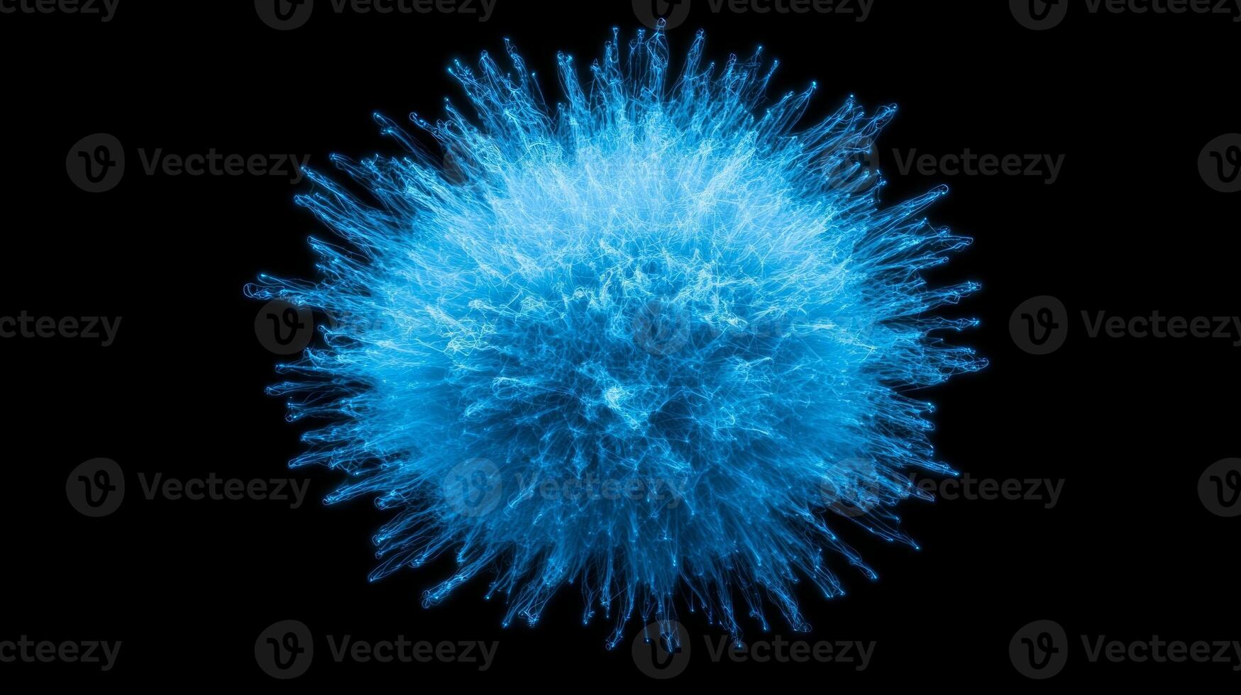 An explosive arrangement of luminous blue particles expands outward, creating a captivating display of energy. The cosmic theme highlights the enchanting beauty of radiant motion against a black void. photo