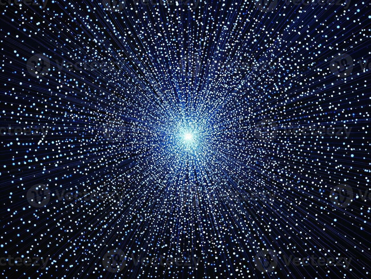 Vibrant blue dots and particles explode outward from a bright center, creating a mesmerizing display of energy and movement against a deep black background, highlighting contrast and dynamism. photo