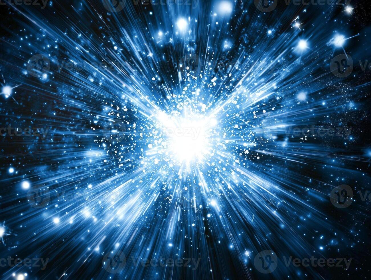 An extraordinary blue particle explosion emerges, creating a brilliant glowing sphere of light photo
