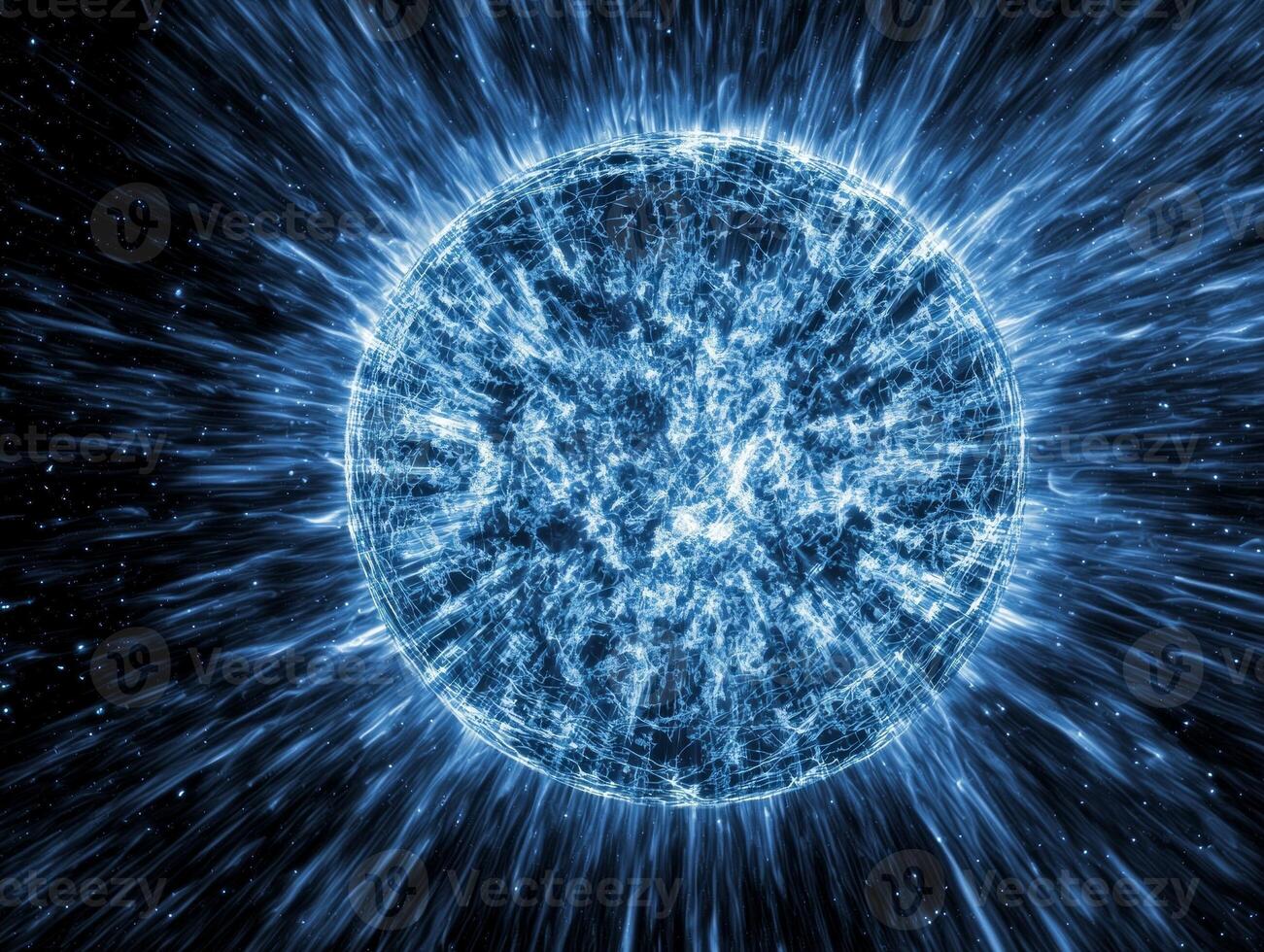 A captivating blue particle explosion manifests into a glowing sphere, with radiant particles bursting outward against a dark cosmic backdrop, evoking a sense of vibrant energy. photo