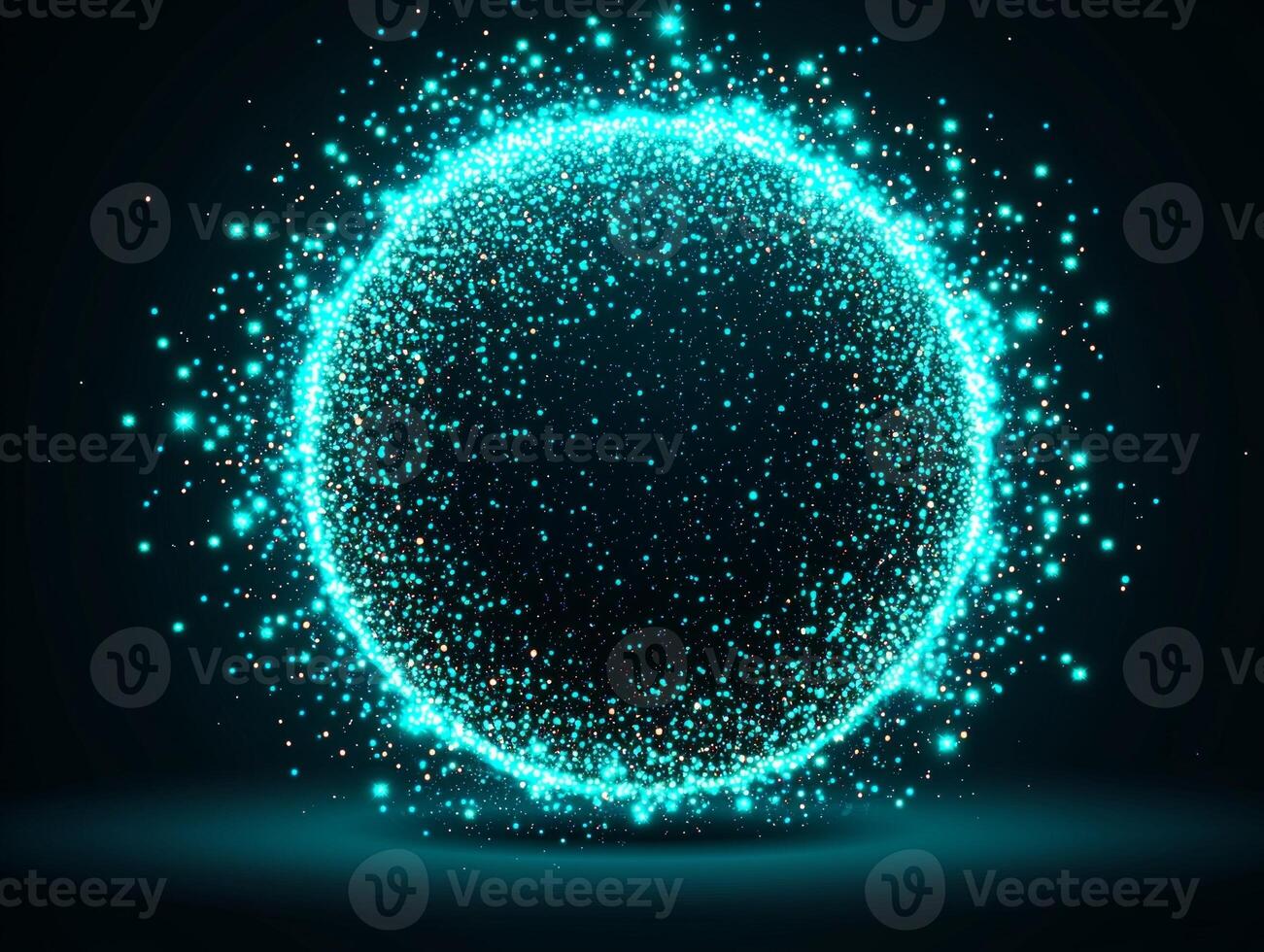 A stunning blue particle explosion forms a radiant sphere of light, with particles bursting outward into the darkness, evoking a sense of cosmic power and energy. photo