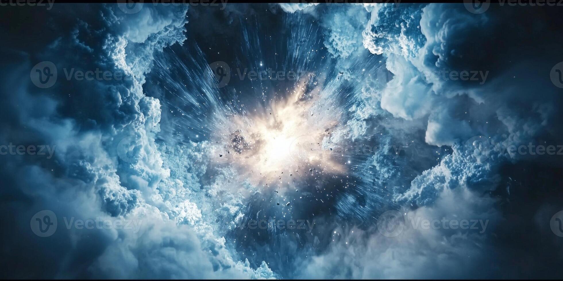 Experience the breathtaking moment of a blue particle explosion as vibrant particles burst from a radiant core, illuminating the cosmic void with a magnificent glow and dynamic energy. photo