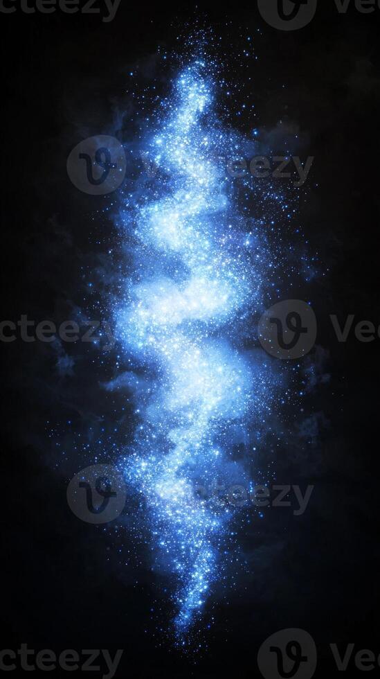 A stunning blue particle explosion radiates luminous particles, creating a breathtaking wave of cool, shimmering light against a deep black background, evoking cosmic wonder. photo