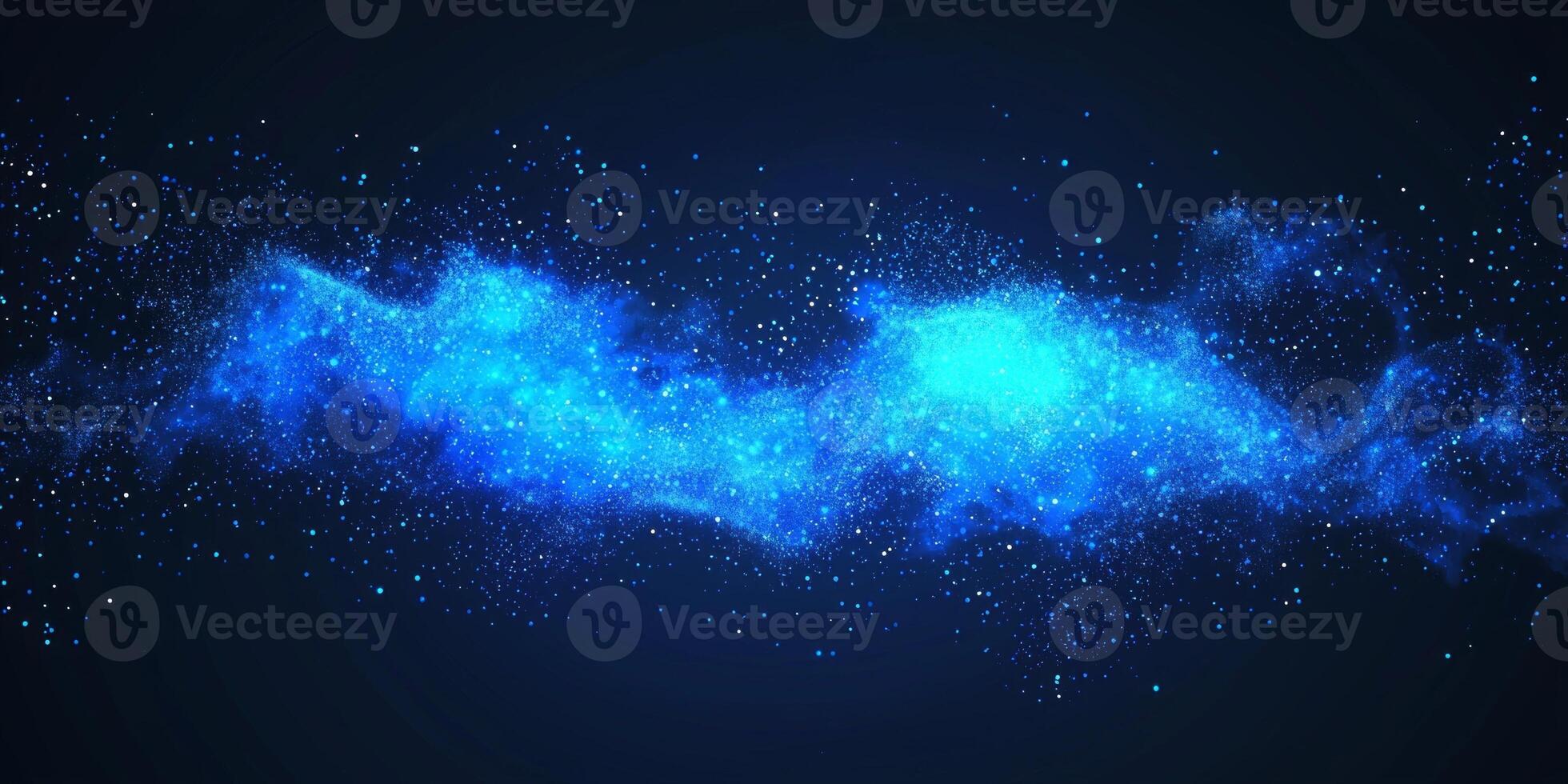A stunning blue particle explosion bursts forth from a bright core, with particles radiating outward. The dynamic display glimmers, forming waves of glowing light and cosmic dust. photo