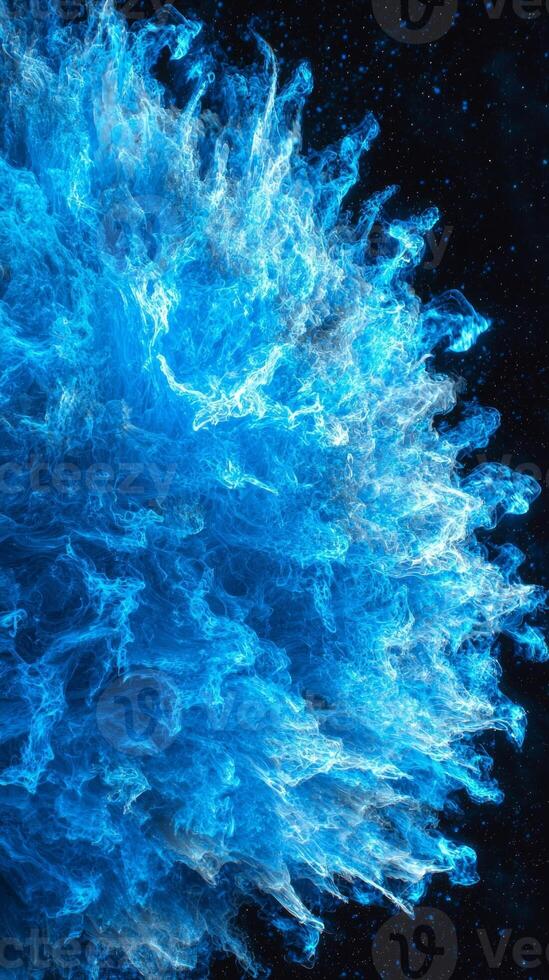 A mesmerizing blue particle explosion unfolds, with glowing, ethereal particles radiating outward, creating a captivating wave of shimmering light in a cosmic setting. photo