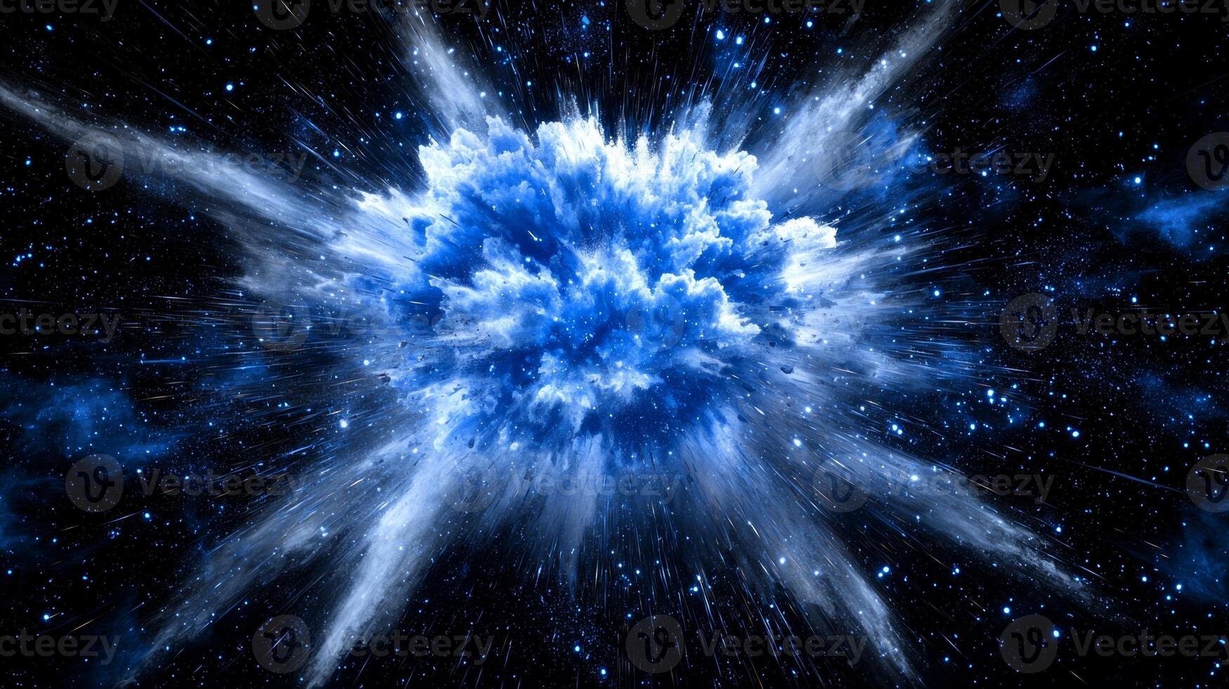 Vibrant blue particles burst forth in a powerful display, radiating and dispersing into fine dust against the stark black of space, captivating the viewer. photo