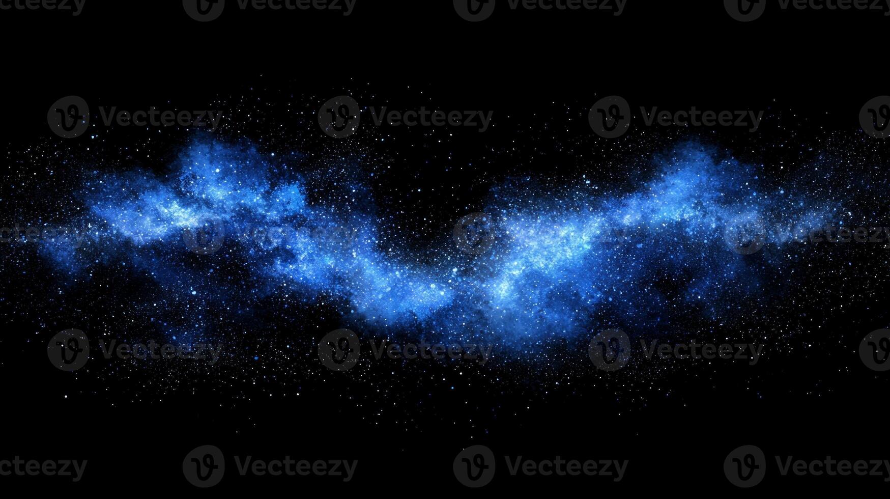 A breathtaking eruption of blue particles bursts forth, illuminating the dark expanse with radiant energy. The particles disperse dynamically, creating a cosmic theme. photo