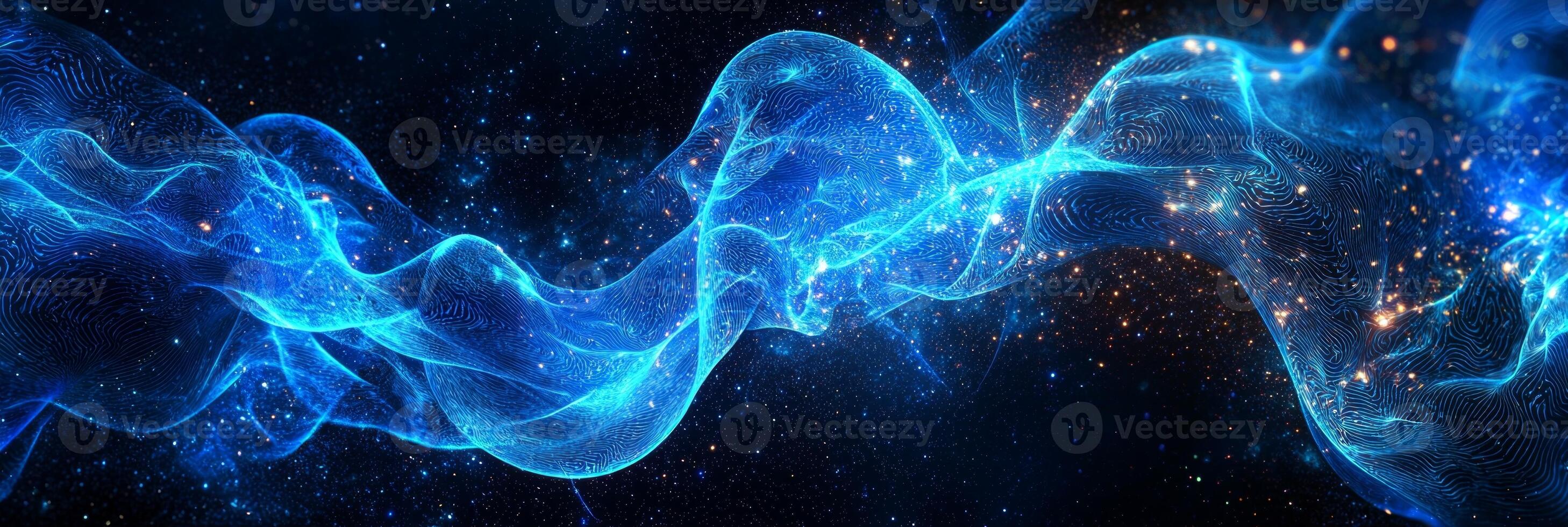 A mesmerizing bright blue particle explosion radiates energy, dispersing waves and shimmering dust throughout the cosmic expanse, set against a stark black background. photo