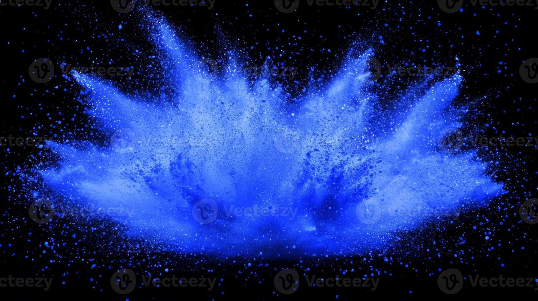 Vibrant blue particles burst forth in a stunning explosion, glowing brightly as they radiate into space, dispersing into fine, shimmering dust amidst a dark background. photo