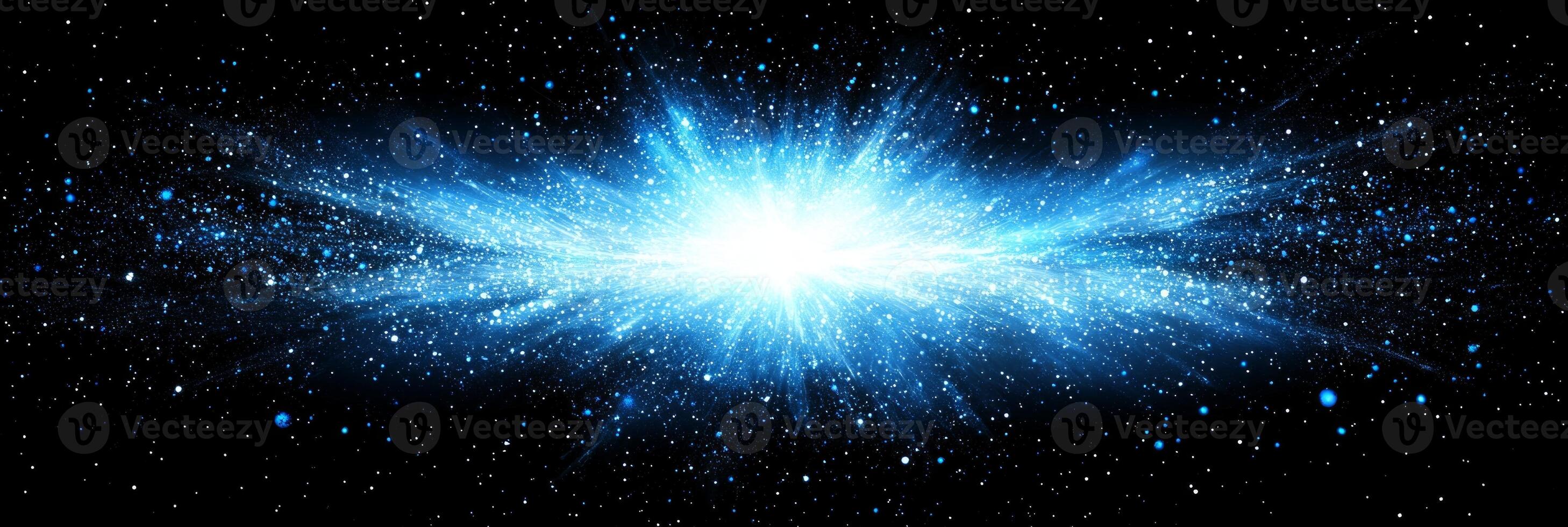 Radiating from the center, a vivid blue particle explosion creates a dynamic wave of energy, dispersing shimmering dust in every direction against a dark cosmic expanse. photo