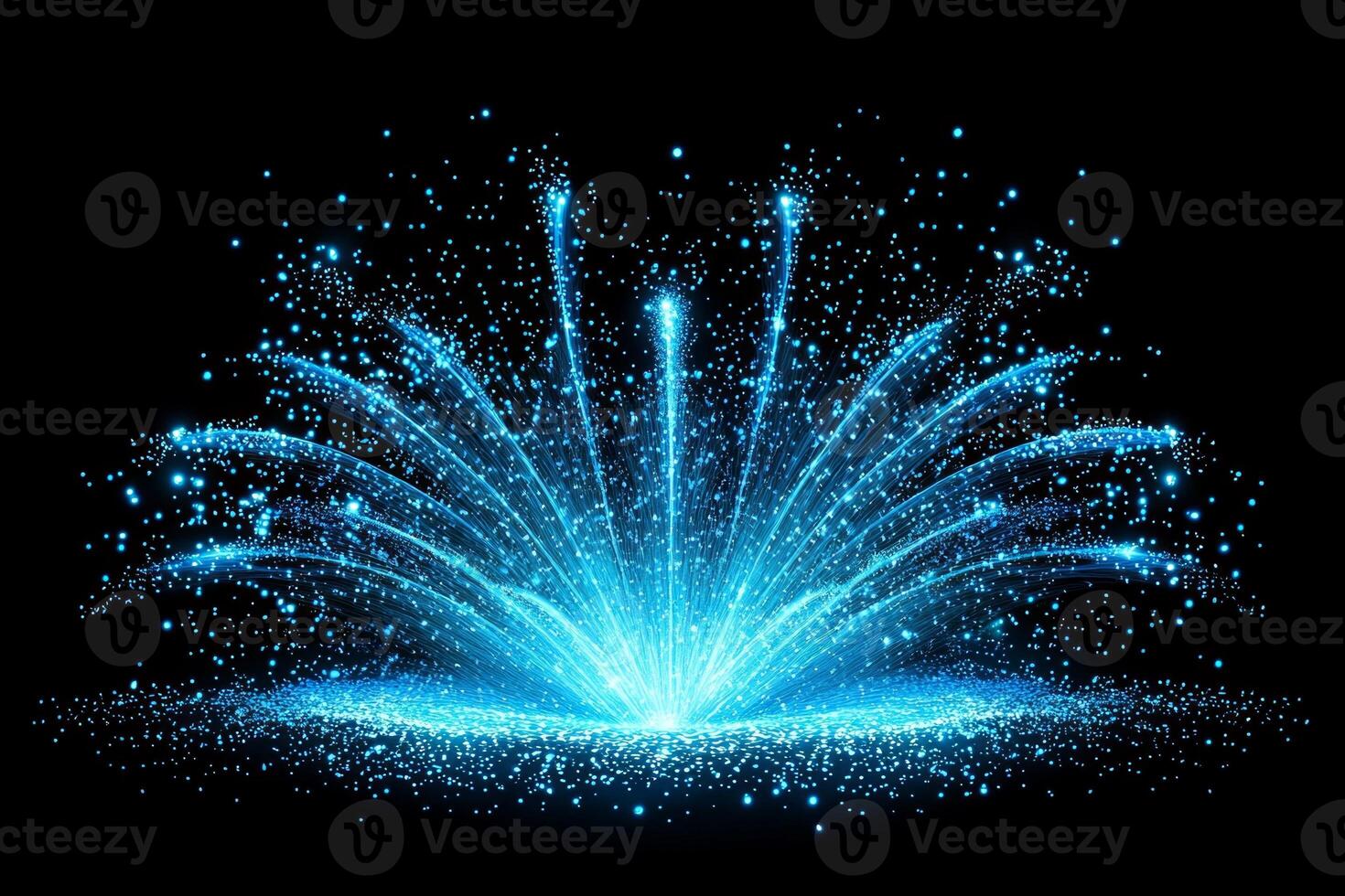 A vibrant burst of blue particles radiates from the core, scattering glowing trails and dust in every direction, crafting an otherworldly spectacle against the darkness. photo