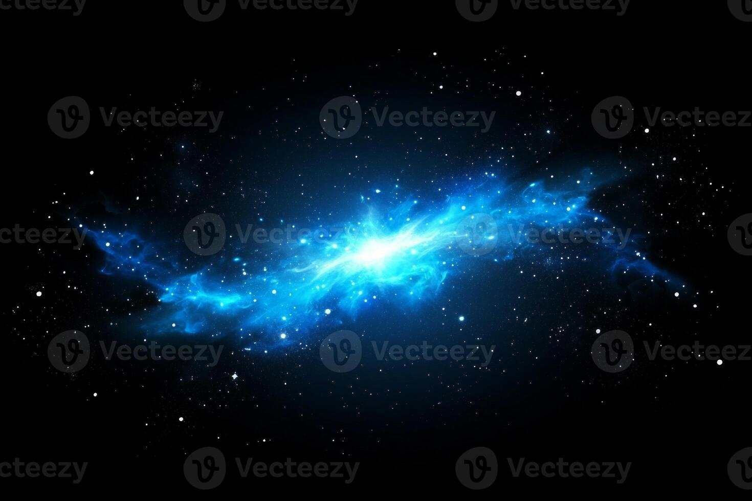 A vibrant core emits an explosion of electric blue particles, scattering glowing trails and dust throughout the black void. The radiant display resembles a cosmic phenomenon bursting into life. photo