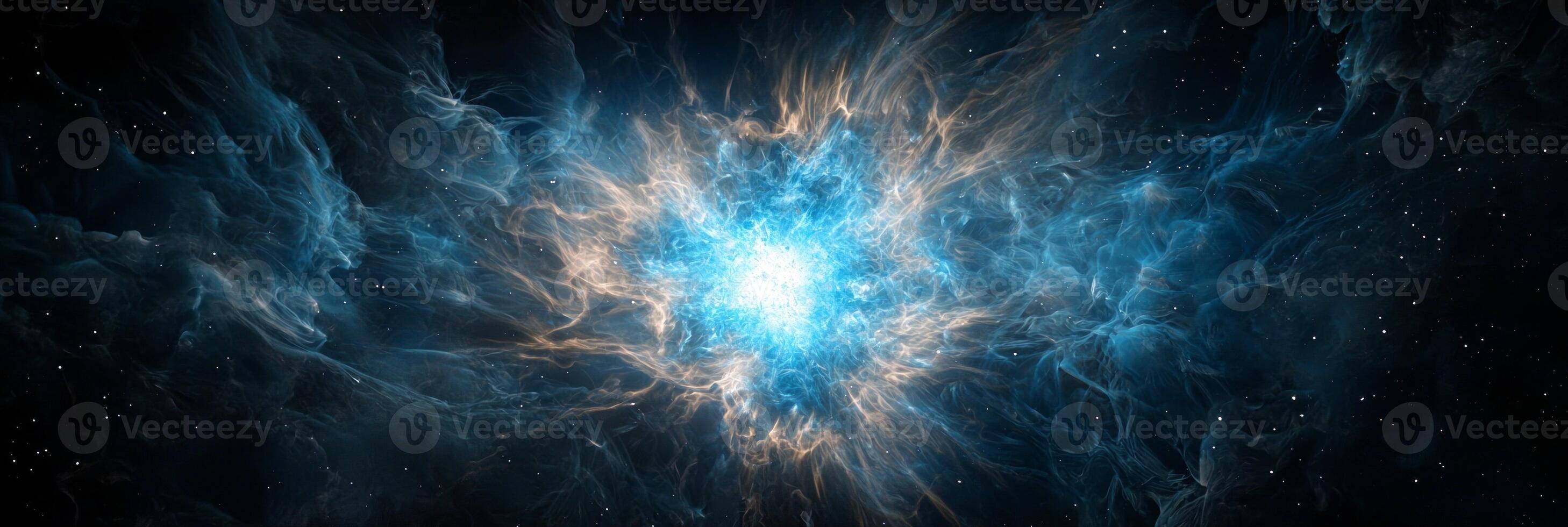 A vibrant blue particle explosion unleashes a wave of shimmering energy and glowing dust from the center, illuminating the dark void of space with its brilliance. photo