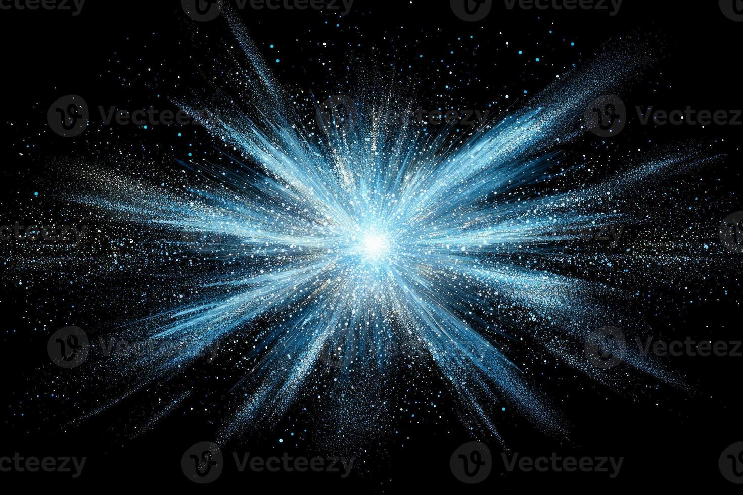 A vibrant explosion of blue particles originates from a brilliant core, scattering glowing trails and cosmic dust in all directions, creating a stunning visual experience. photo