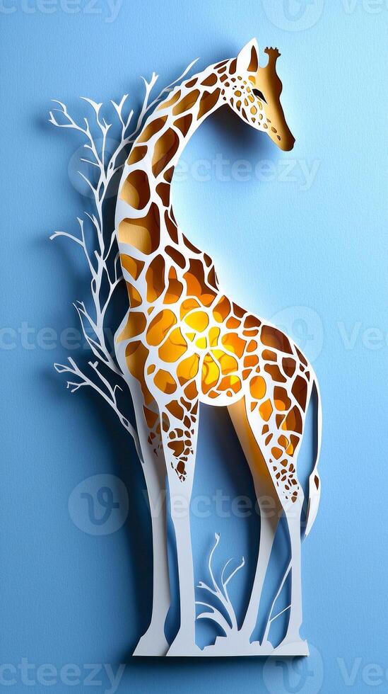 tall and graceful giraffe depicted in unique paper cut-out style stands proudly against a calm sky-blue background, capturing a playful safari charm. photo