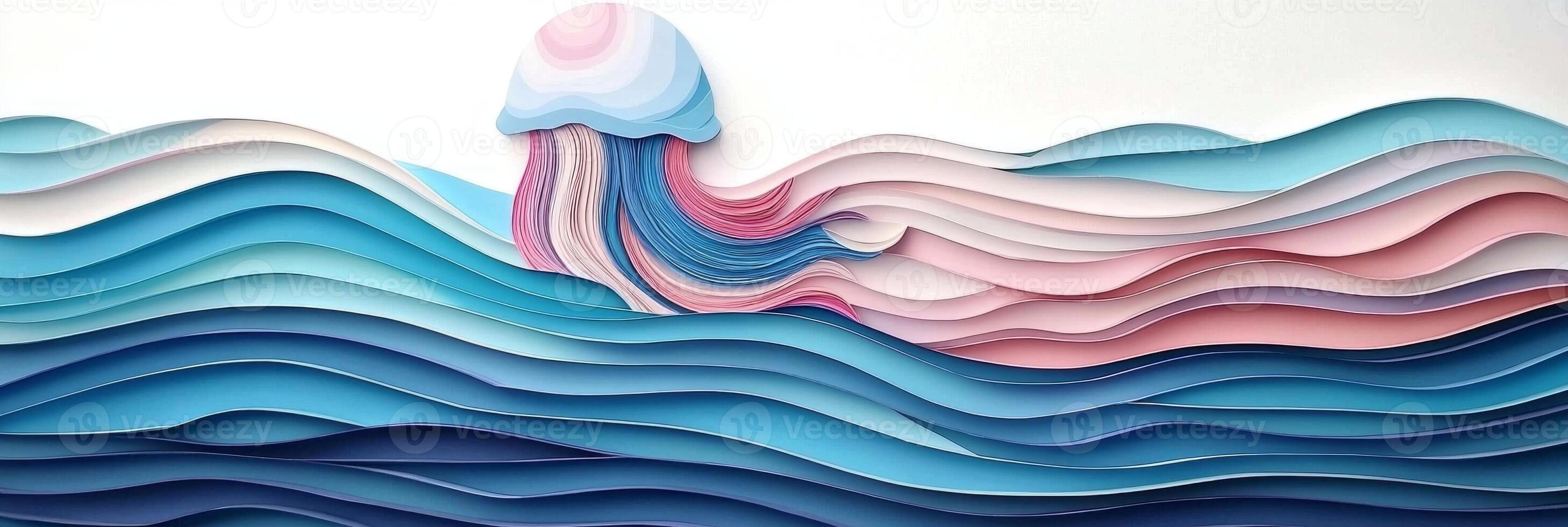 beautiful jellyfish drifts in the ocean, its stunning bell and flowing tentacles crafted from layered paper in shades of blue, pink, and white against a light aqua backdrop. photo