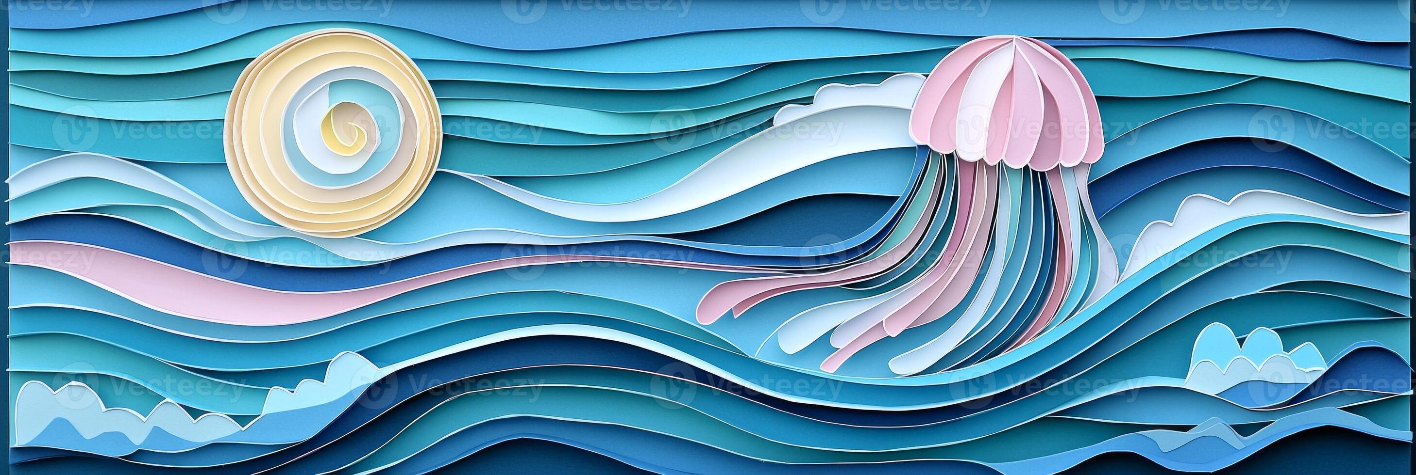 In this creative artwork, a jellyfish floats elegantly in the ocean, with vibrant tentacles crafted from layers of blue, pink, and white paper against a serene aqua backdrop. photo