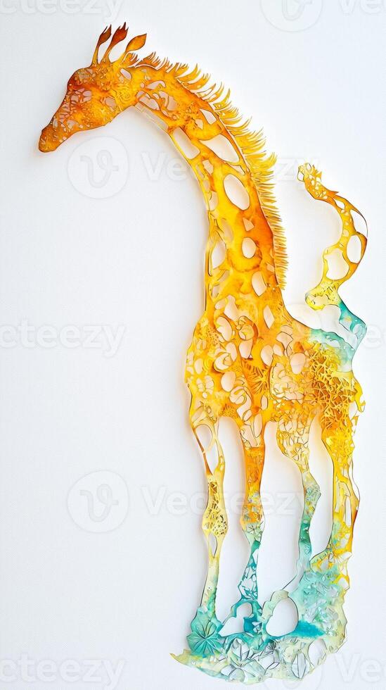 tall and elegant giraffe crafted from yellow and brown paper stands in profile, showcasing its distinctive spots and graceful neck, set against a calming sky-blue background. photo