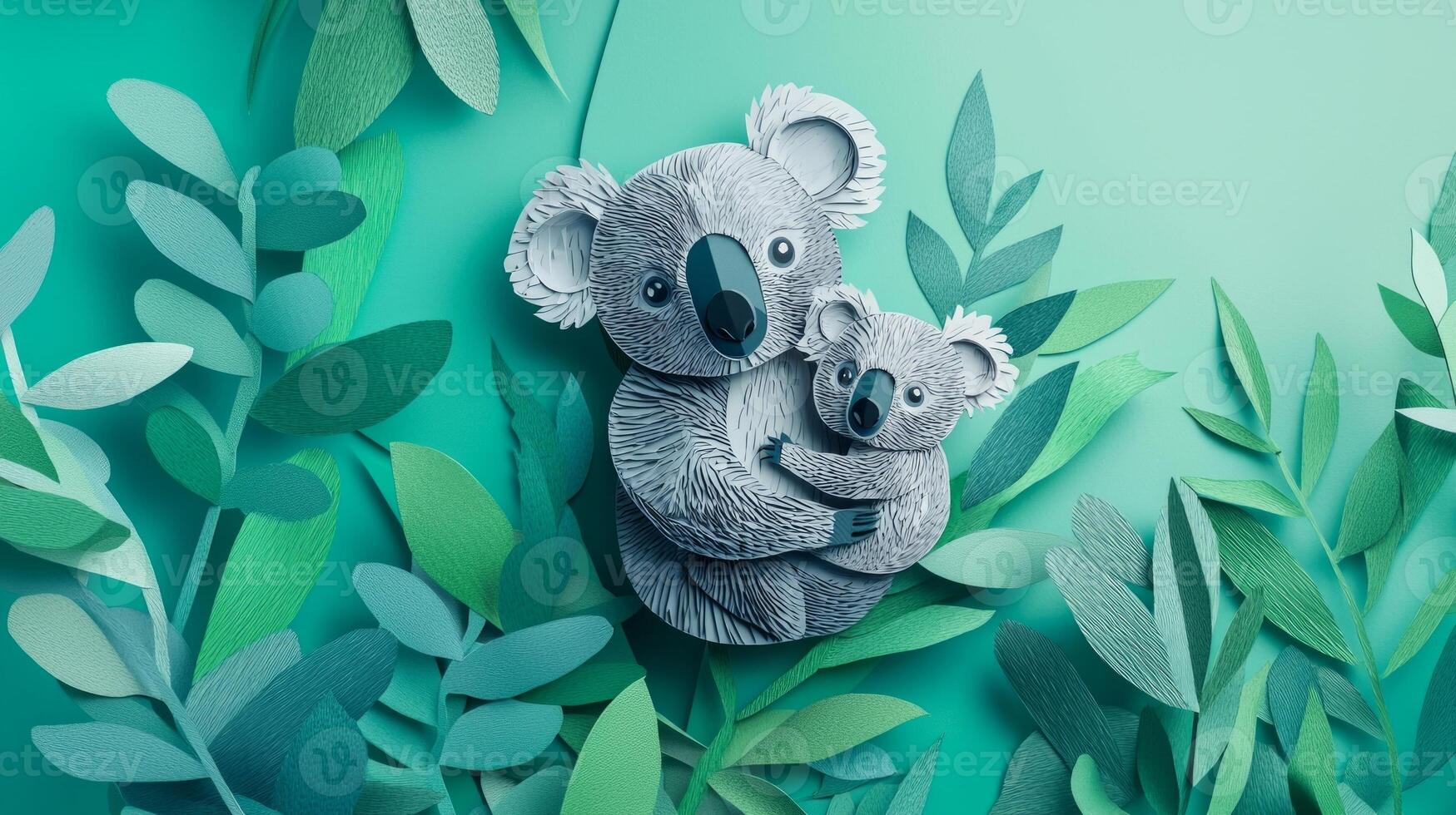 heartwarming depiction of a parent koala and its baby, intricately designed in paper art, clinging lovingly to a eucalyptus tree with soft morning light illuminating the scene. photo