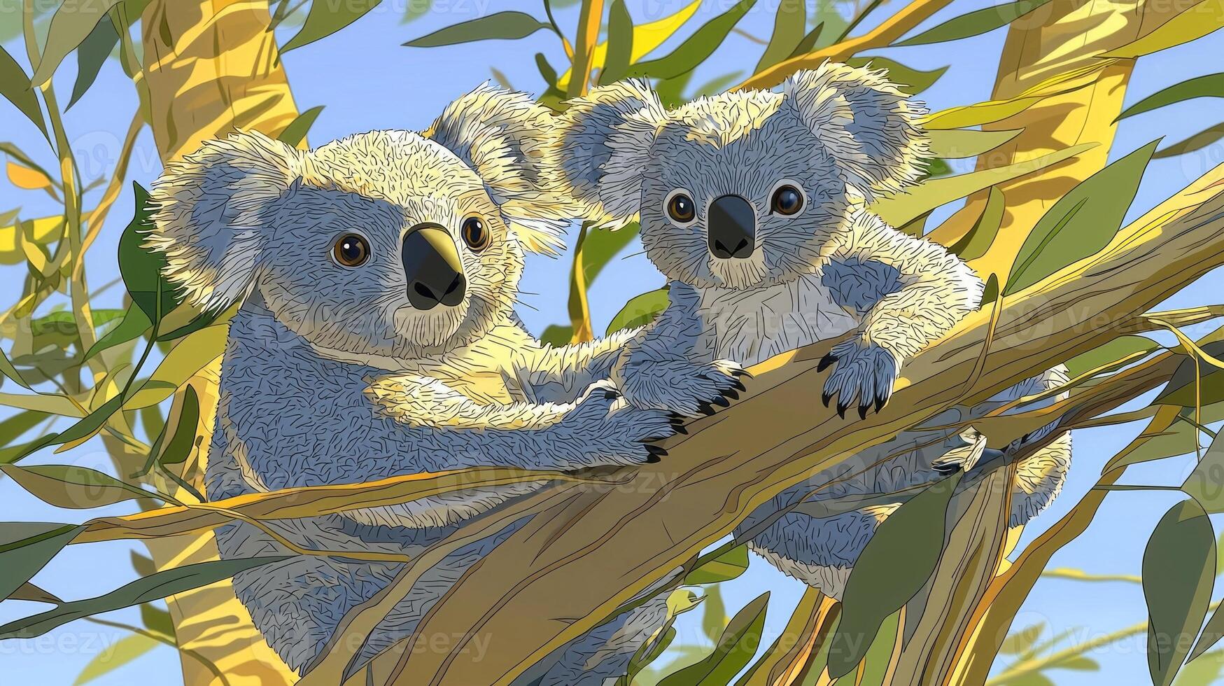 parent koala clings lovingly to its baby on a eucalyptus tree, both crafted from grey and white paper, embraced by bright morning light in a playful, child-friendly design. photo