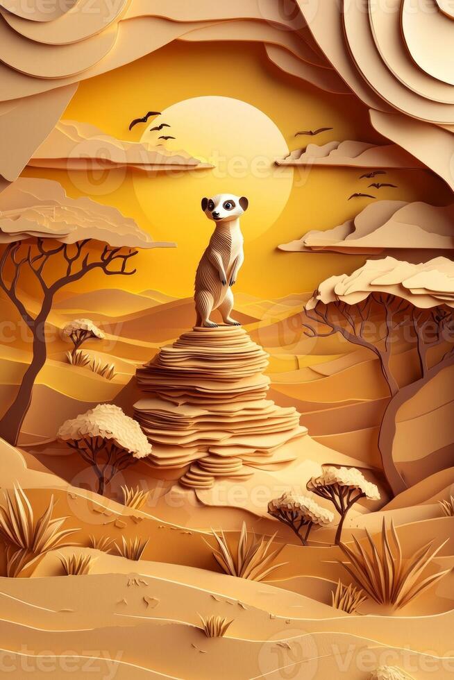 playful meerkat stands watchfully atop a textured rock, surrounded by a whimsical desert landscape filled with warm tones. The midday light highlights its alert stance against a light beige sky. photo