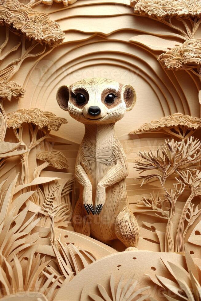 creative artwork features a meerkat in a whimsical style, poised on alert amidst stylized desert elements, showcasing the beauty of African wildlife. photo