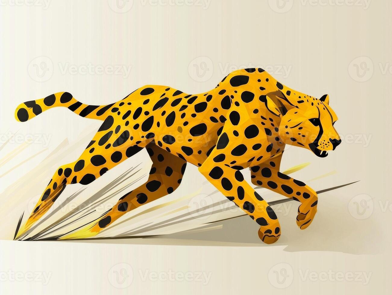 artwork showcases a cheetah in full sprint, crafted with yellow and black paper against a light beige background, embodying the essence of African wildlife at midday. photo