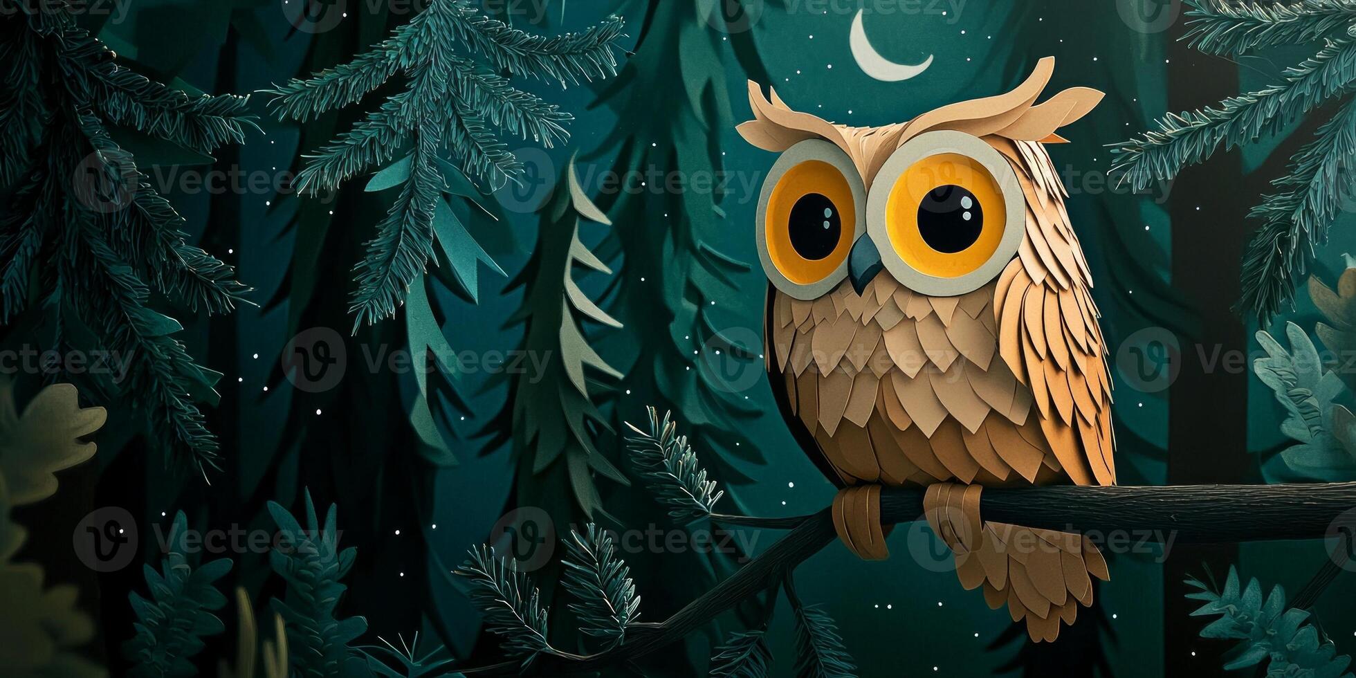 enchanting owl sits contently on a branch, its large yellow eyes gleaming in the moonlight. Surrounded by shadowy green trees, the nocturnal charm evokes a gentle storybook setting. photo