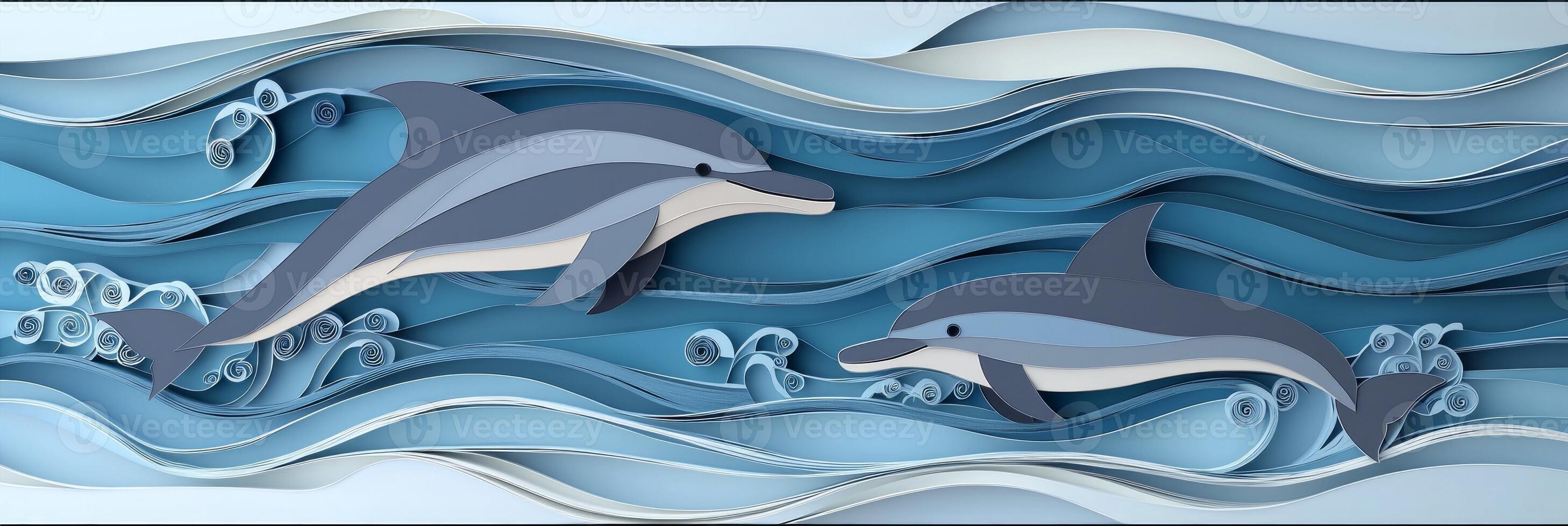charming depiction of a dolphin and its calf gracefully swimming through layered waves of grey and blue paper, illuminated by gentle morning light in a serene ocean setting. photo