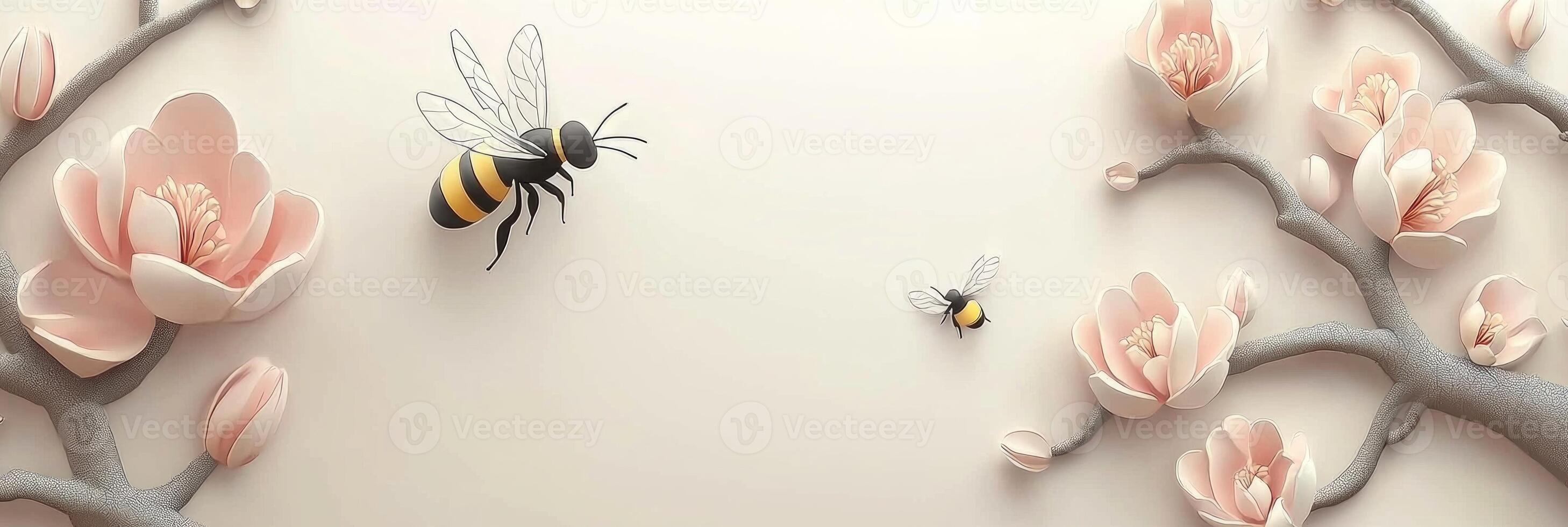 honeybee dances through the air, approaching a soft pink flower with graceful intentions. The scene captures a tranquil garden vibe, illuminated by warm midday sun. photo